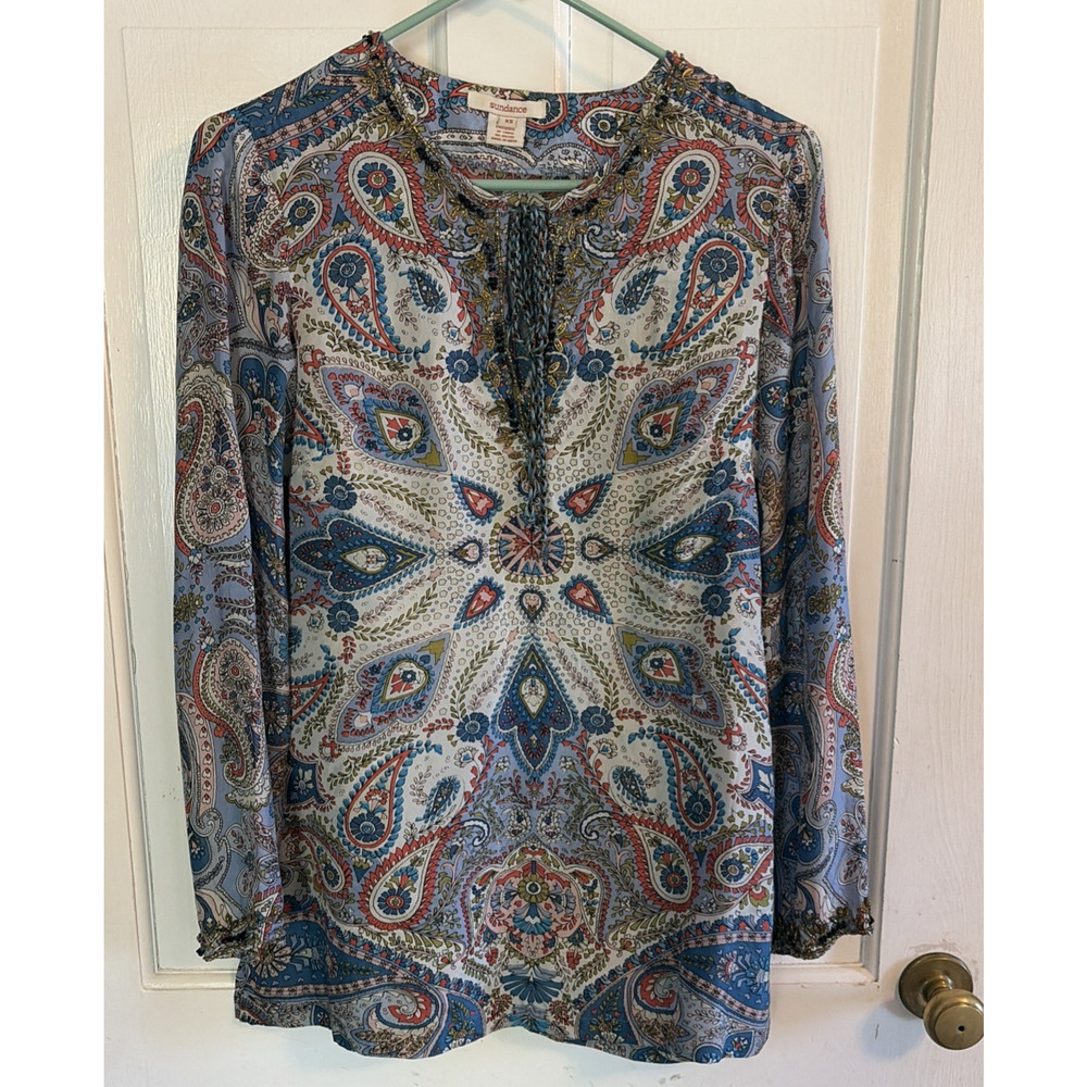 Sundance Womens 100% Silk Paisley Popover Tunic Top XS Beaded Boho Festival